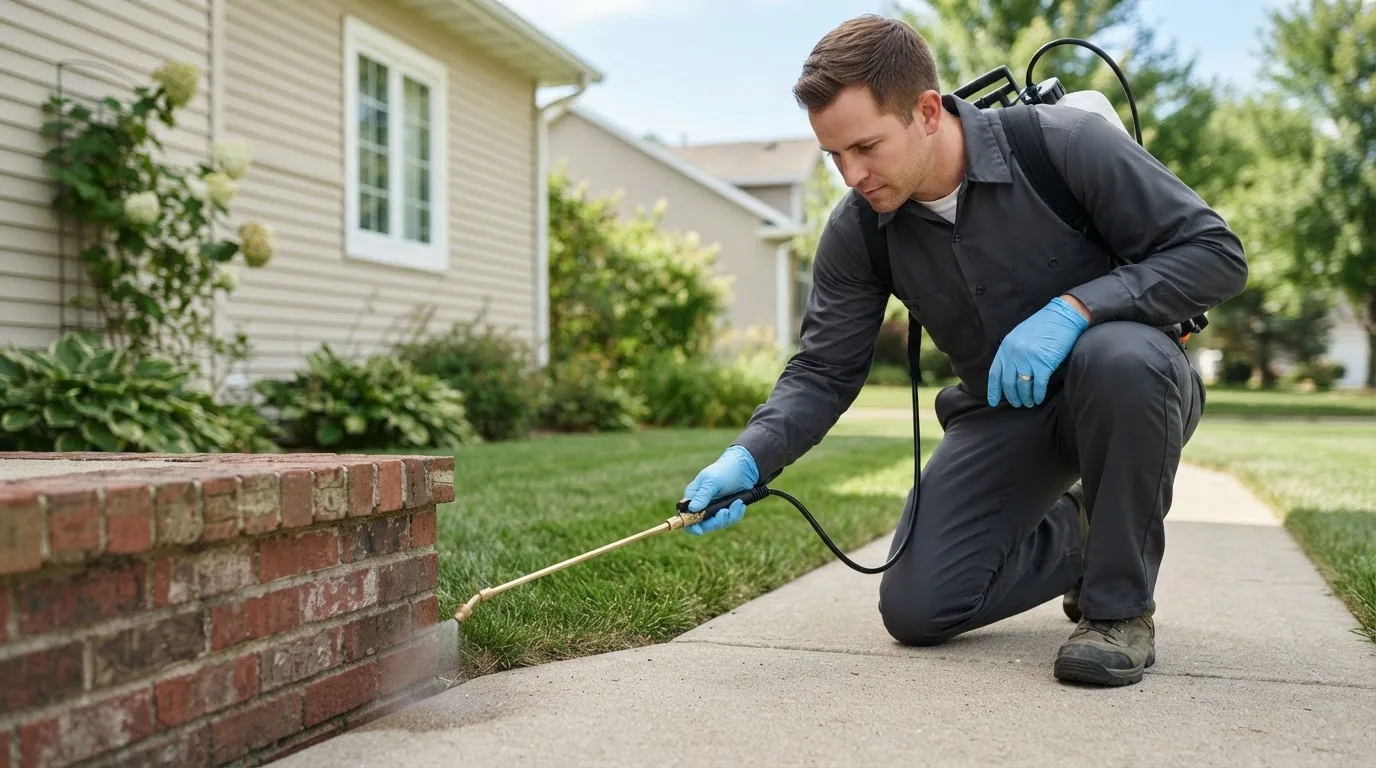 Pest control technician treating a home near Warren, MN